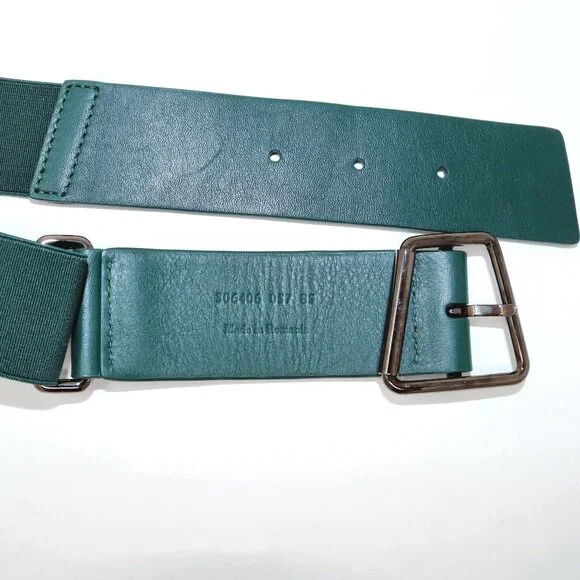 Akris Size 85 Green Leather and Elastic Belt with Trapezoid Buckle Sporty-Belt - Picture 6 of 15